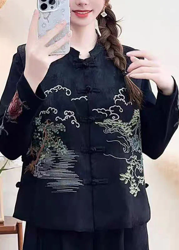 Chinese Style Black Stand Collar Embroidered Pockets Waistcoat Sleeveless - Image 3