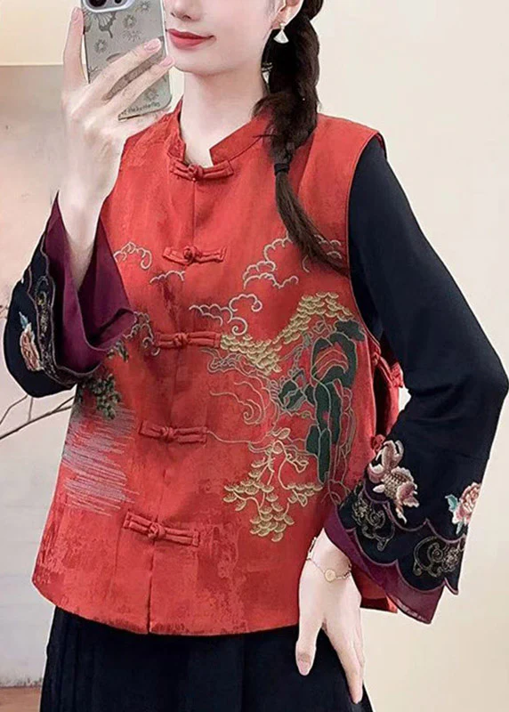 Chinese Style Black Stand Collar Embroidered Pockets Waistcoat Sleeveless - Image 4