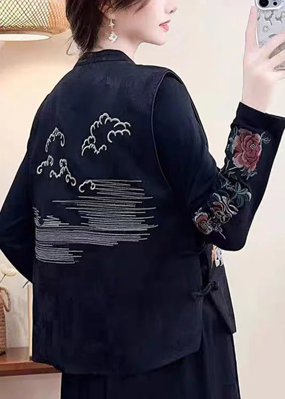 Chinese Style Black Stand Collar Embroidered Pockets Waistcoat Sleeveless - Image 5