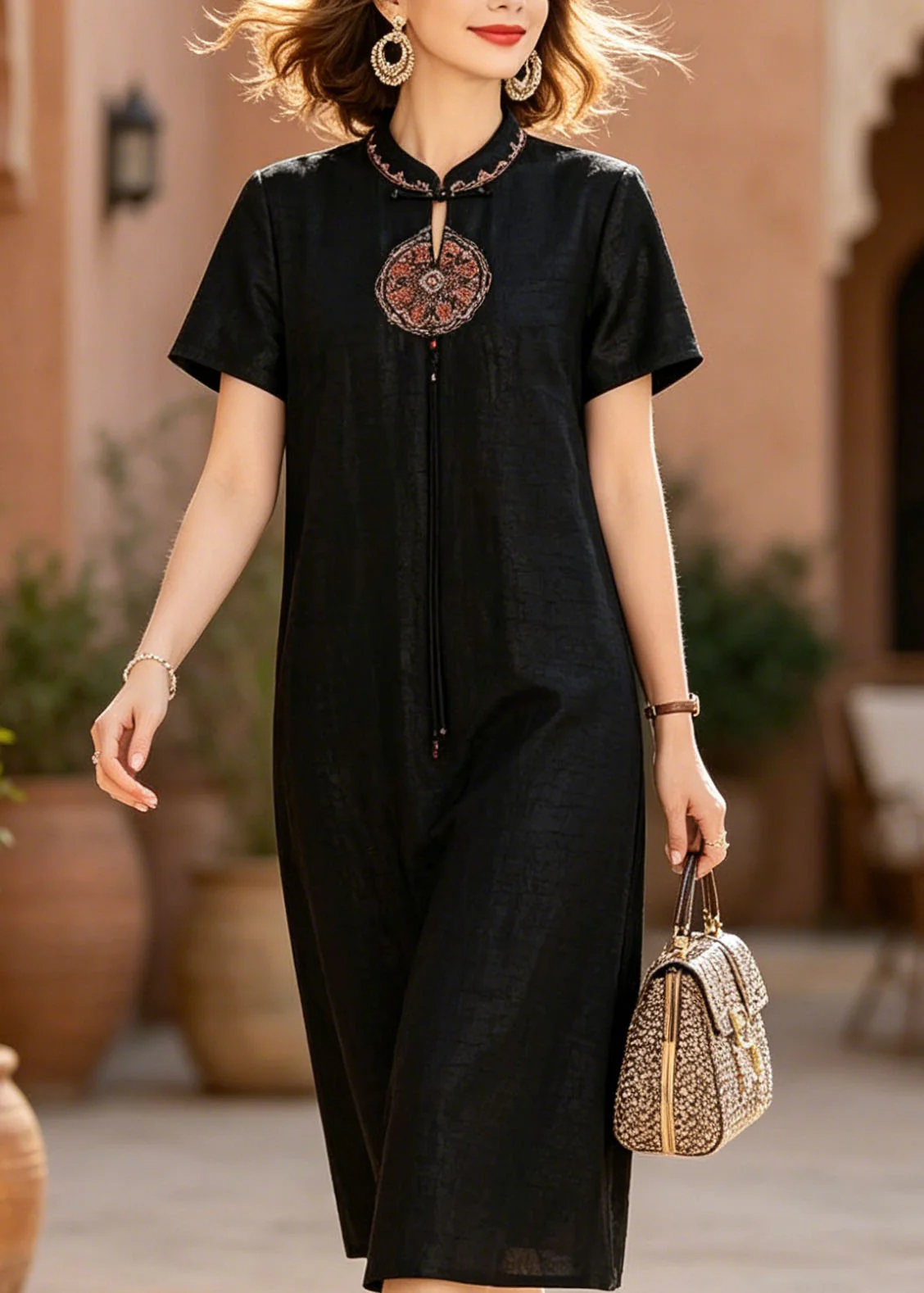 Chinese Style Black Stand Collar Embroidered Silk Dresses Summer - Image 2