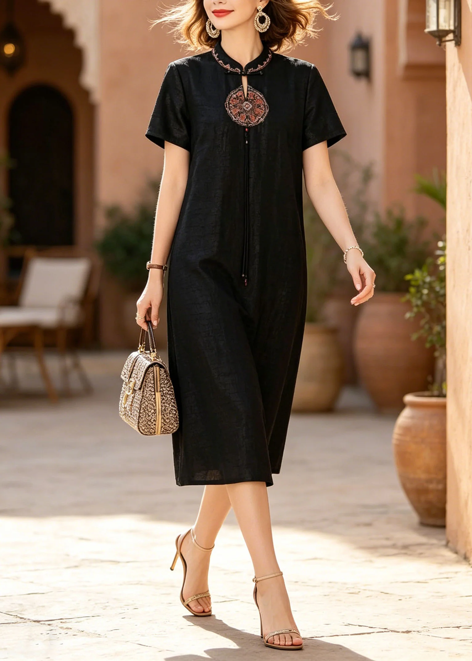 Chinese Style Black Stand Collar Embroidered Silk Dresses Summer - Image 3