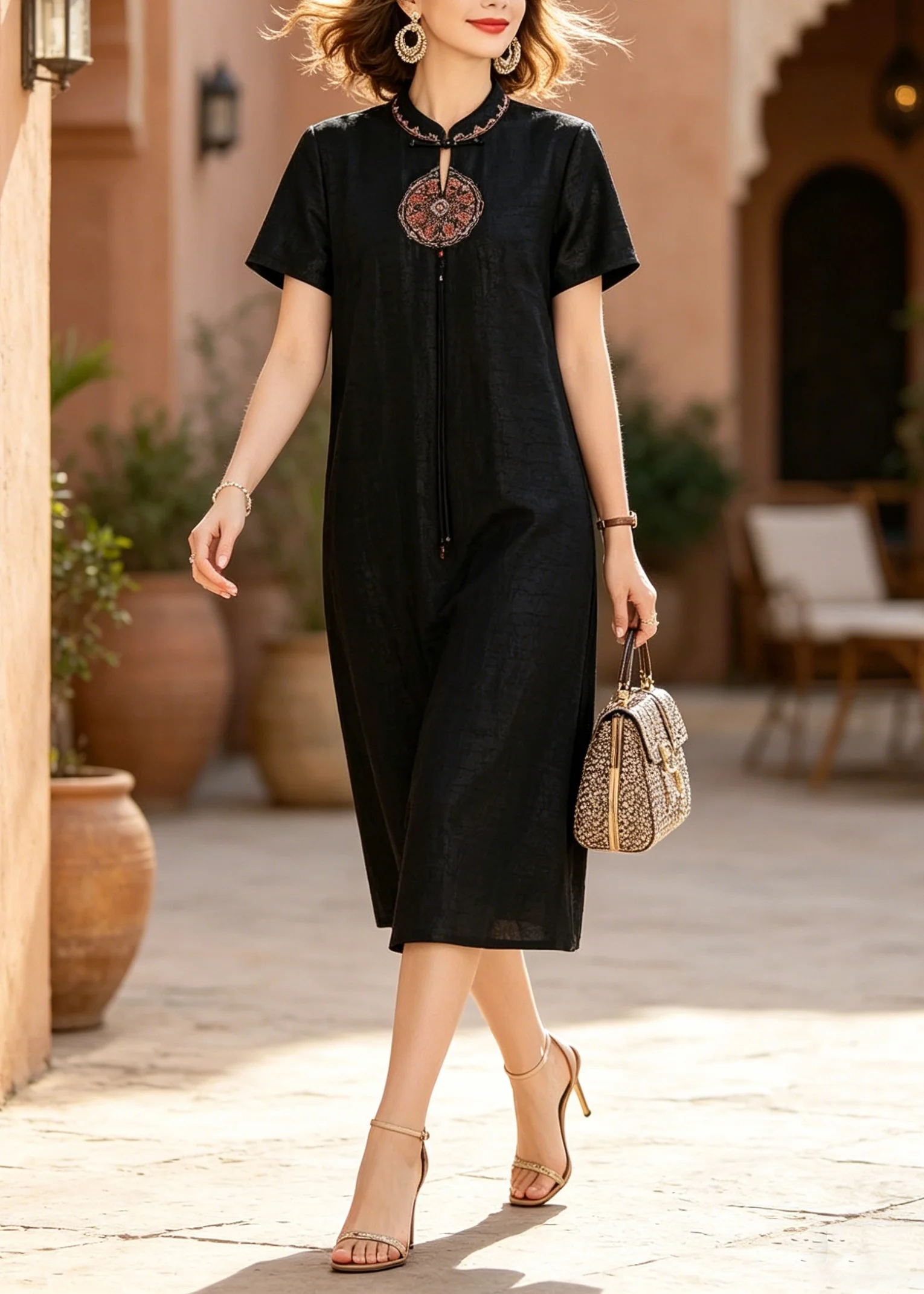 Chinese Style Black Stand Collar Embroidered Silk Dresses Summer - Image 5