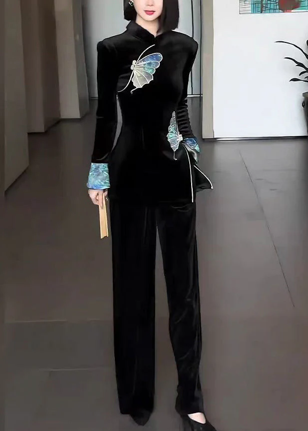 Chinese Style Black Stand Collar Embroidered Velour Two Pieces Set Spring - Image 4
