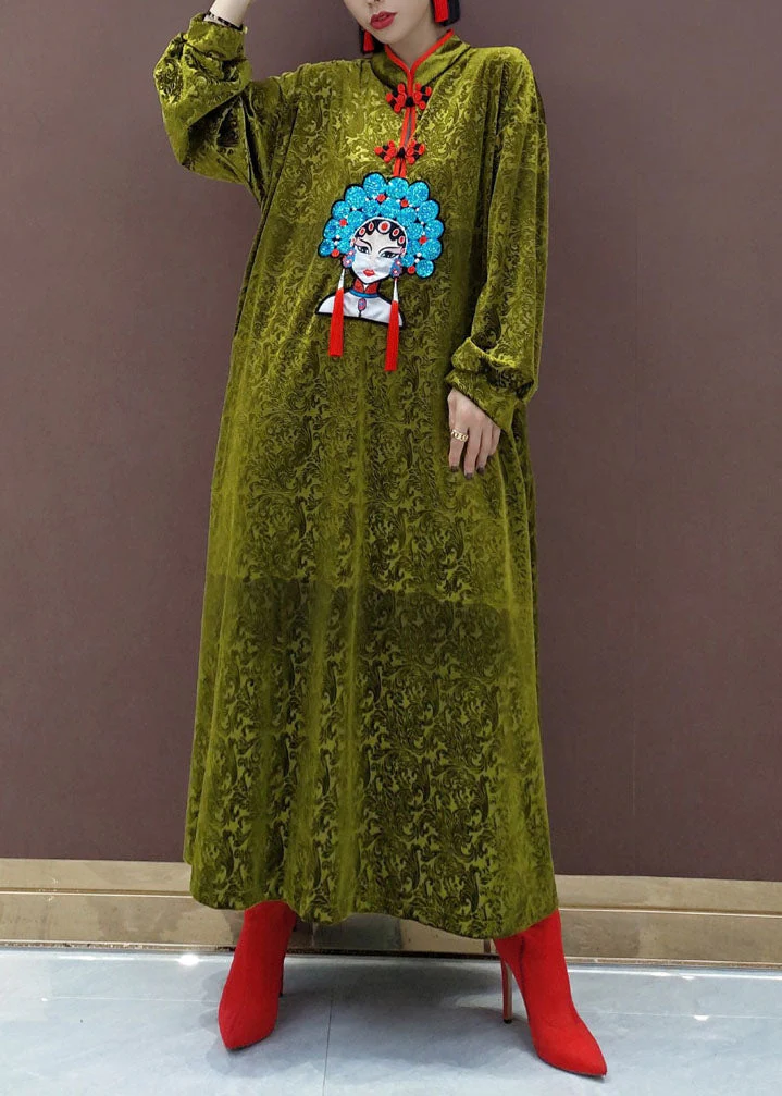 Chinese Style Black Stand Collar Embroidered Silk Velour Maxi Dresses Long Sleeve - Image 2