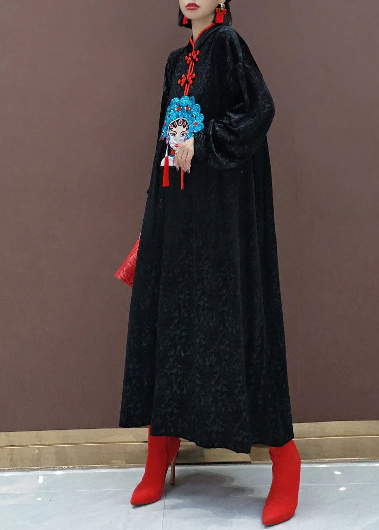 Chinese Style Black Stand Collar Embroidered Silk Velour Maxi Dresses Long Sleeve - Image 3