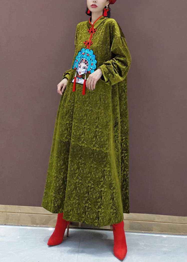 Chinese Style Black Stand Collar Embroidered Silk Velour Maxi Dresses Long Sleeve - Image 4