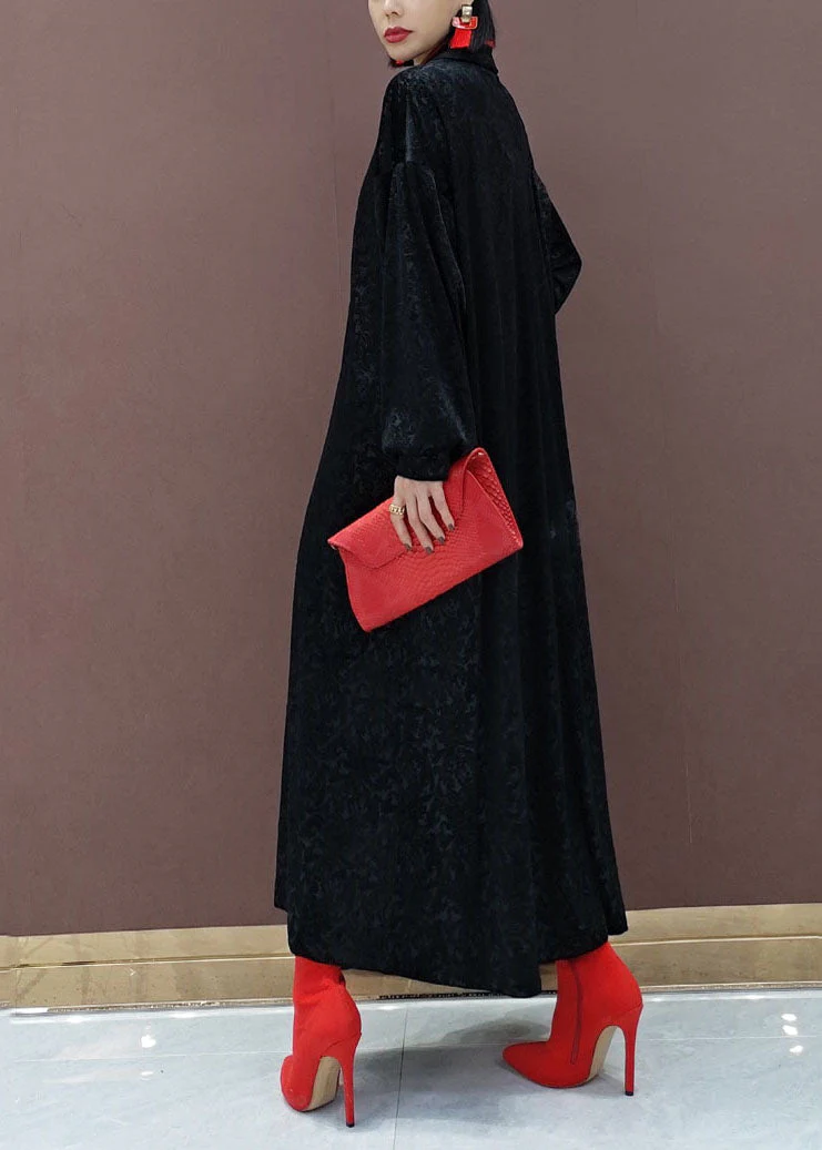 Chinese Style Black Stand Collar Embroidered Silk Velour Maxi Dresses Long Sleeve - Image 5