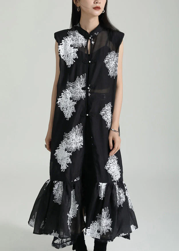 Chinese Style Black Stand Collar Embroideried Tulle Dresses Sleeveless - Image 2