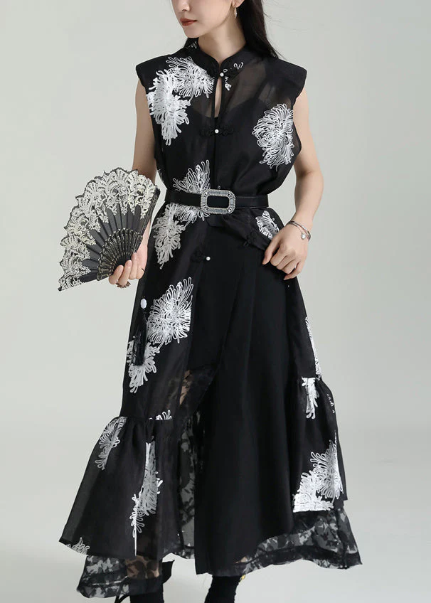 Chinese Style Black Stand Collar Embroideried Tulle Dresses Sleeveless - Image 3