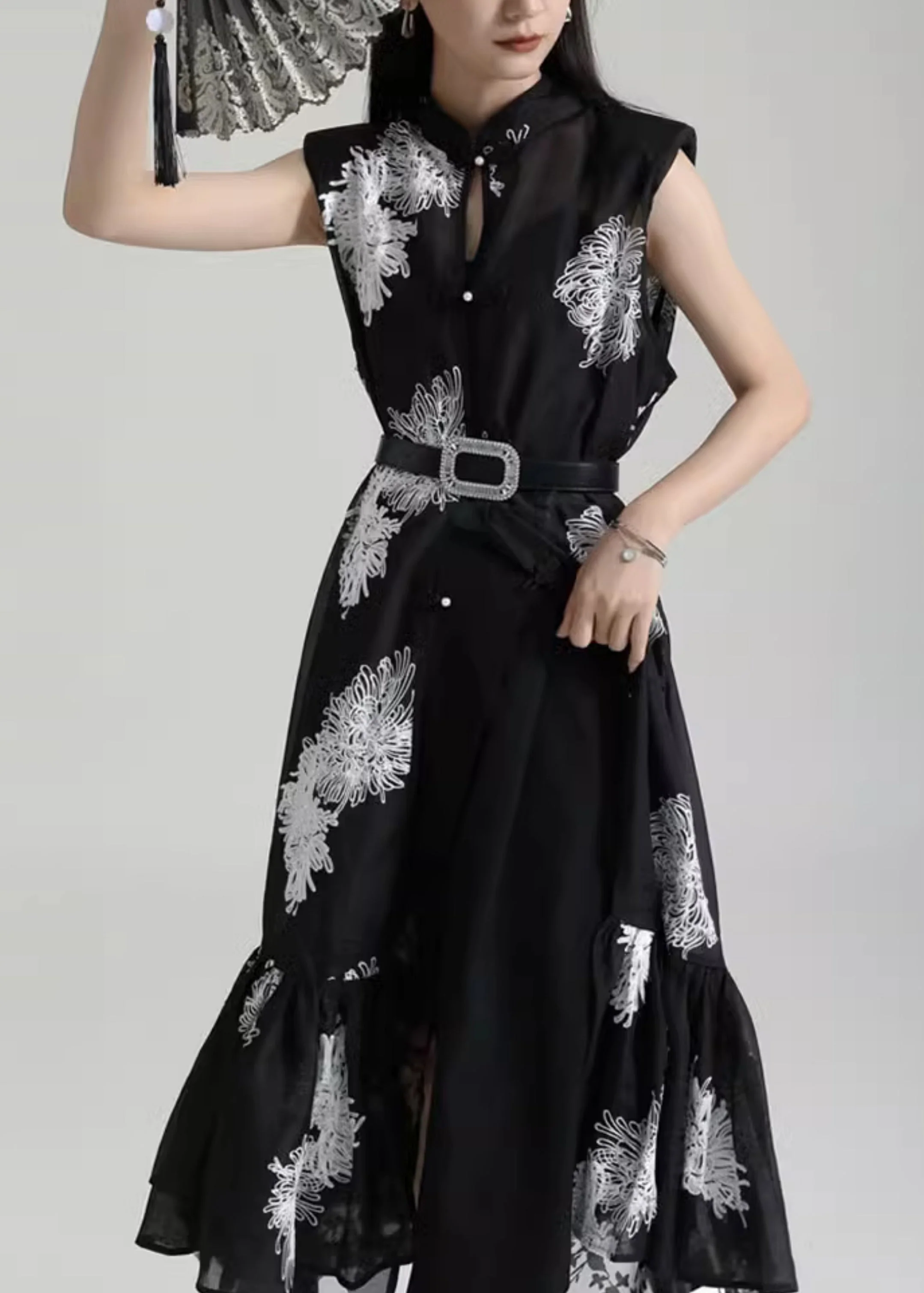 Chinese Style Black Stand Collar Embroideried Tulle Dresses Sleeveless - Image 5