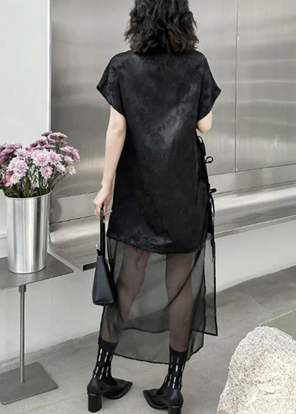 Chinese Style Black Stand Collar Lace Up Patchwork Tulle Dress Summer - Image 4