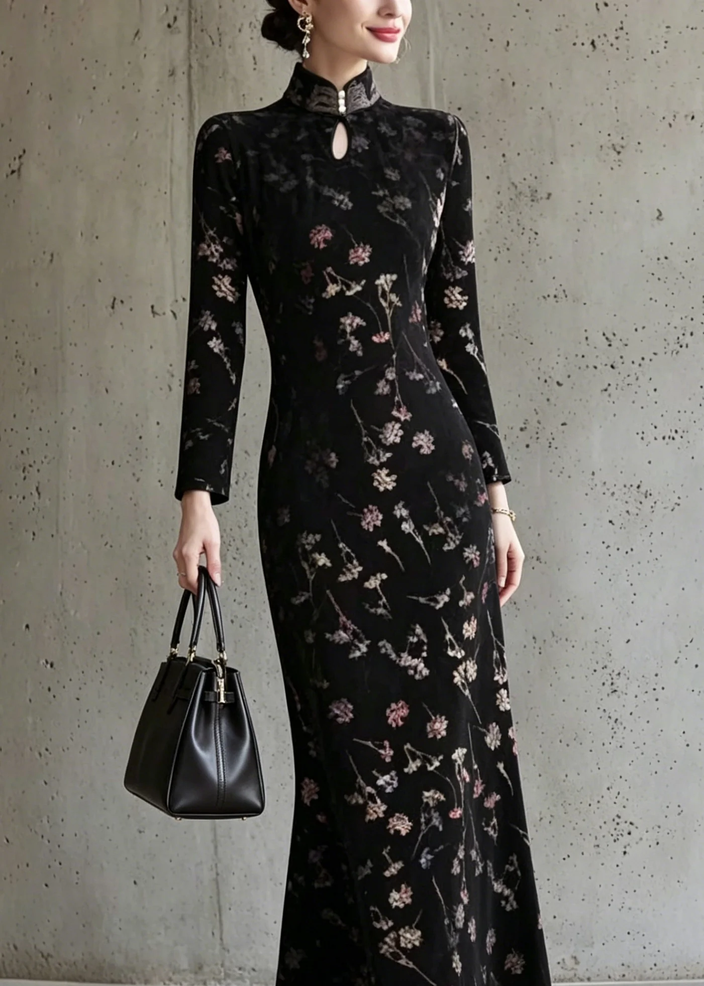 Chinese Style Black Stand Collar Print Cotton Dress Fall - Image 2