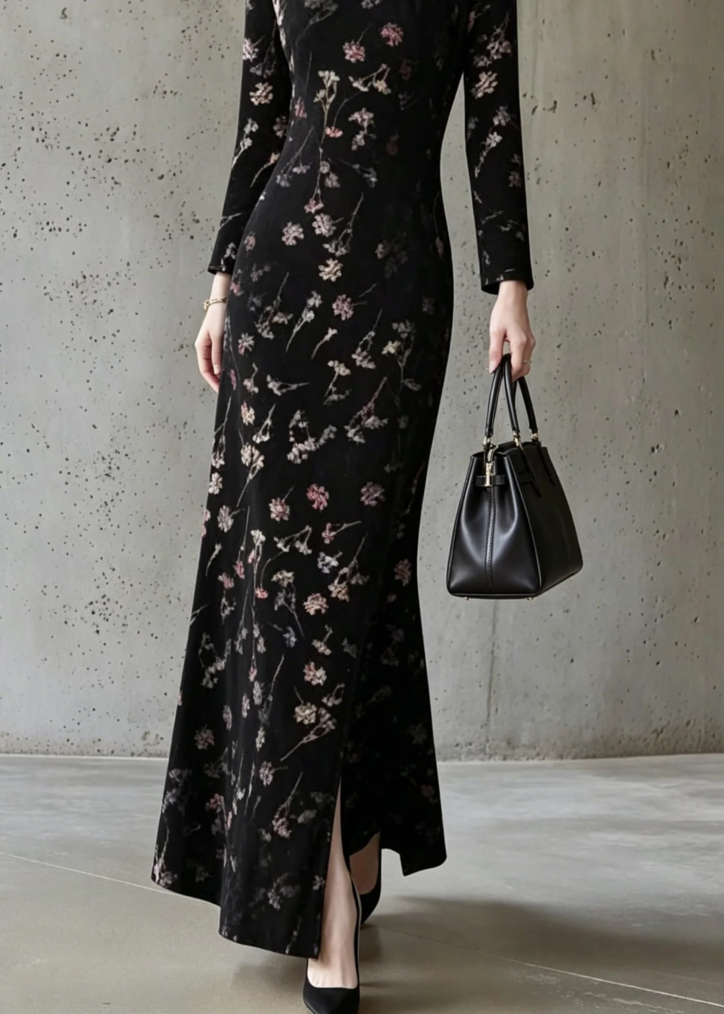 Chinese Style Black Stand Collar Print Cotton Dress Fall - Image 4