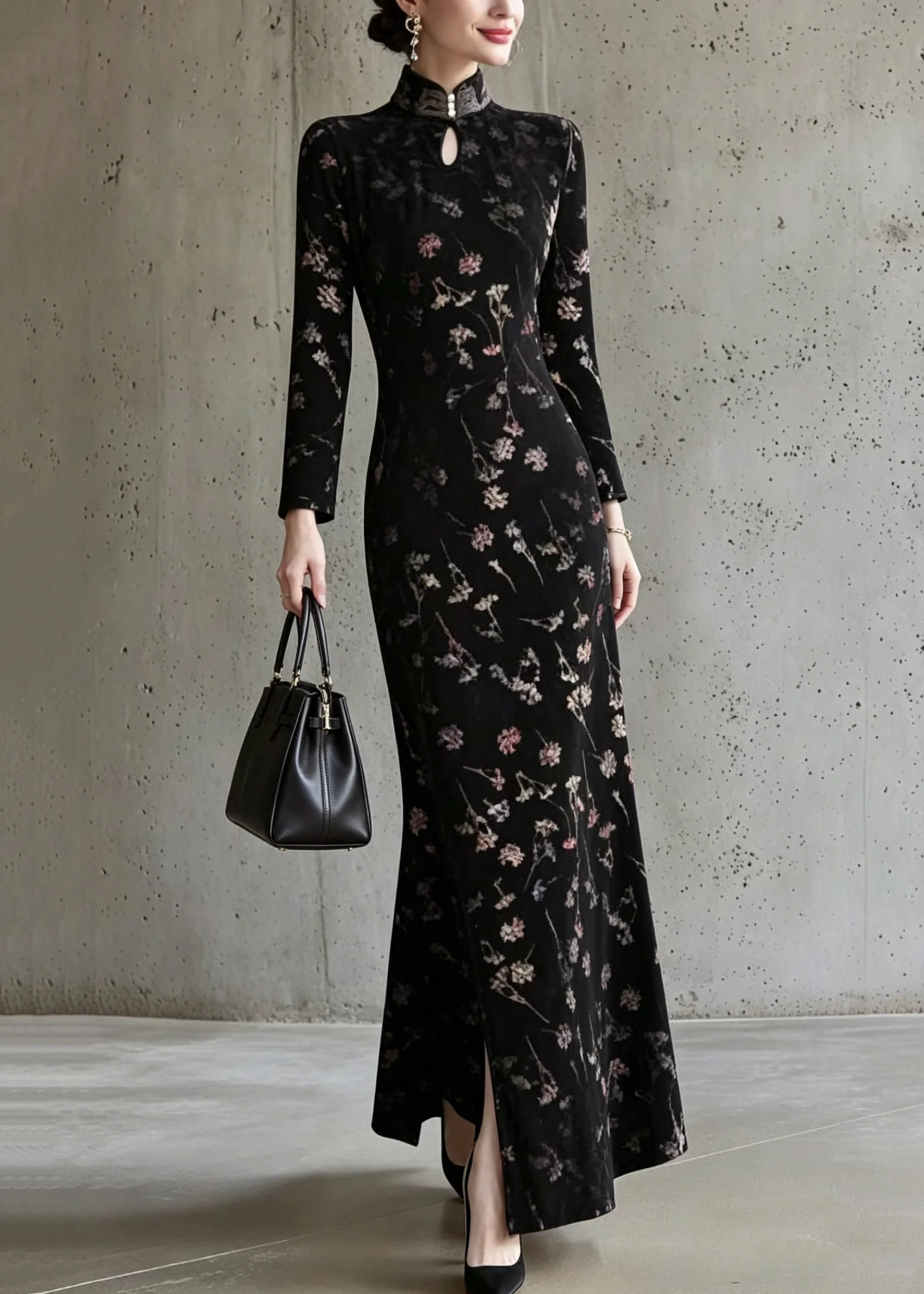 Chinese Style Black Stand Collar Print Cotton Dress Fall - Image 5