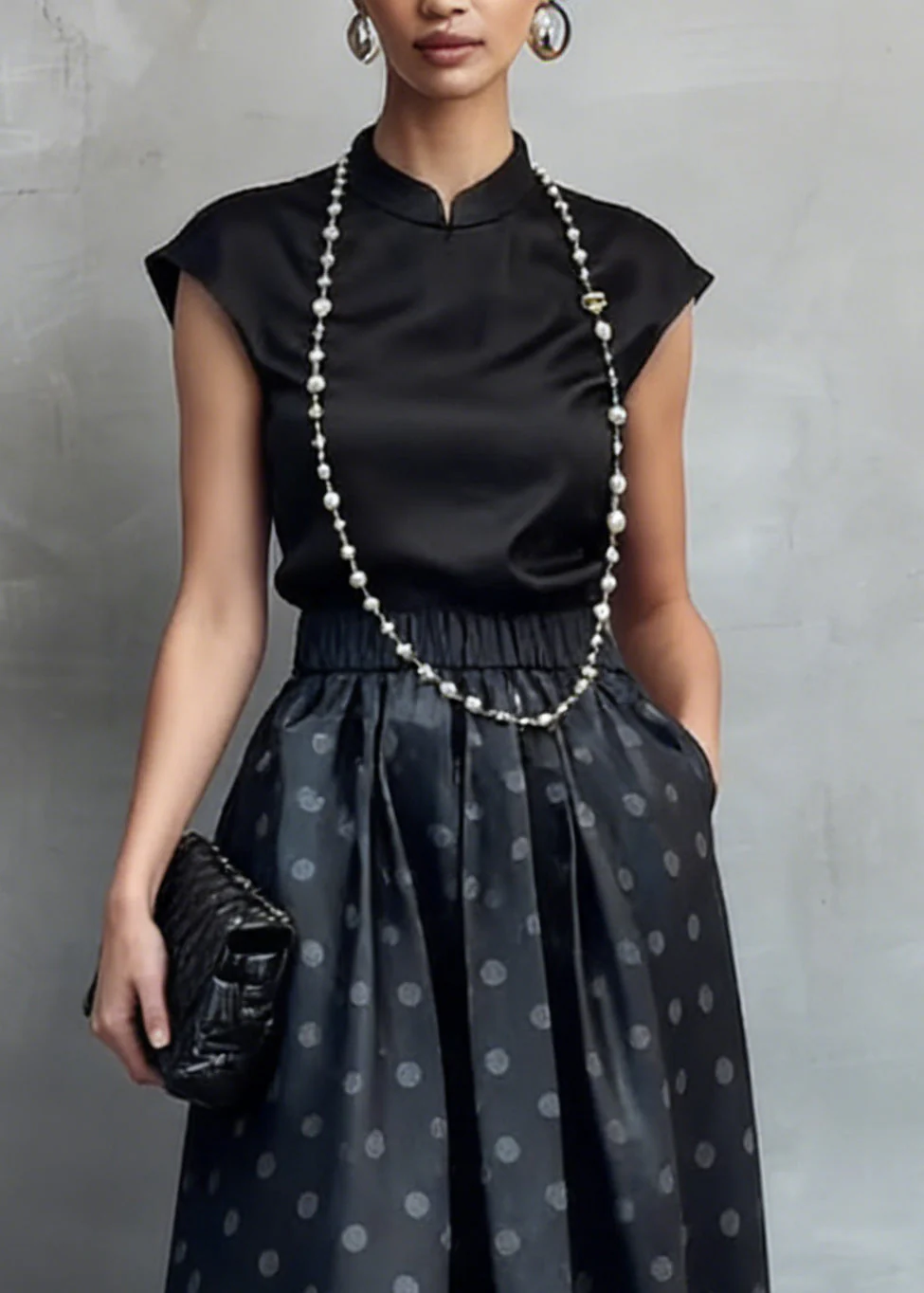 Chinese Style Black Stand Collar Shirts And Dot Skirts Silk Two Piece Set Summer - Image 2