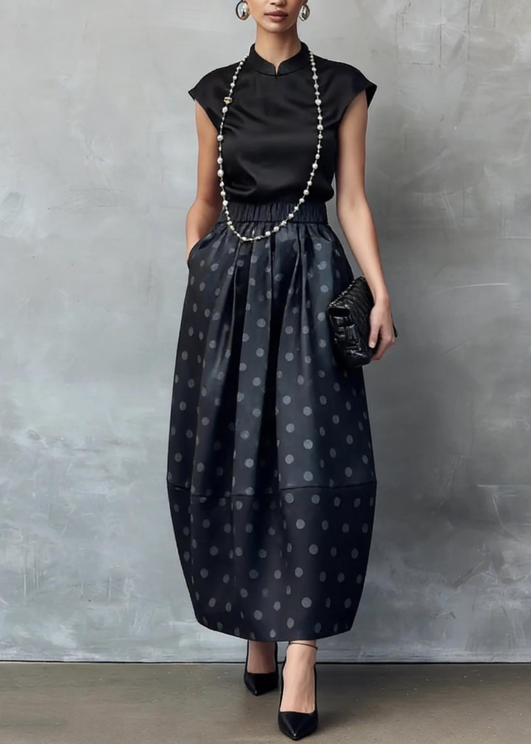 Chinese Style Black Stand Collar Shirts And Dot Skirts Silk Two Piece Set Summer - Image 3