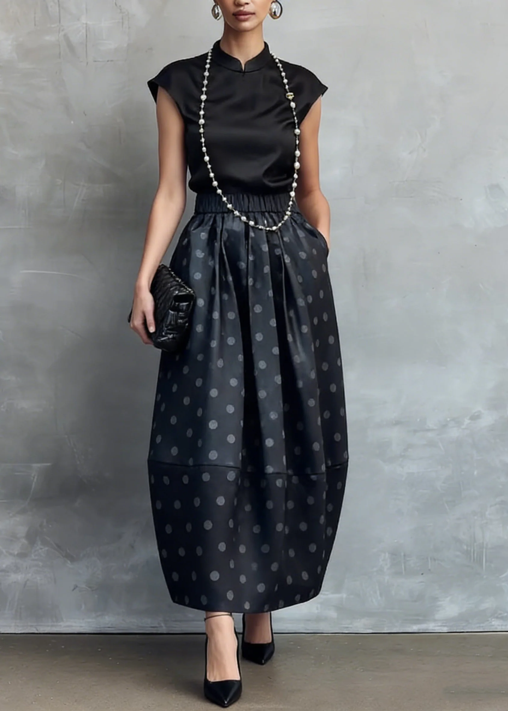 Chinese Style Black Stand Collar Shirts And Dot Skirts Silk Two Piece Set Summer - Image 5