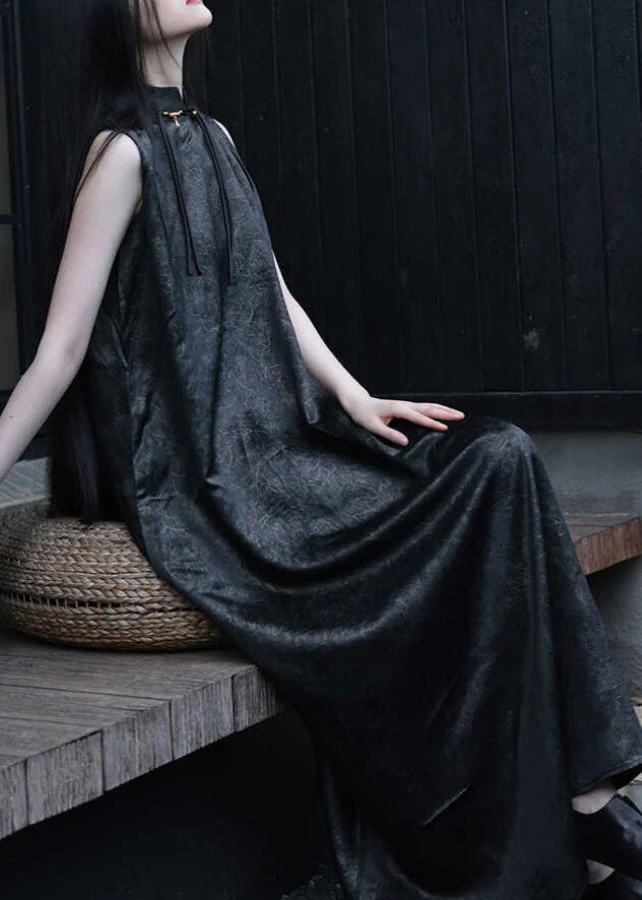 Chinese Style Black Stand Collar Solid Maxi Dress Sleeveless