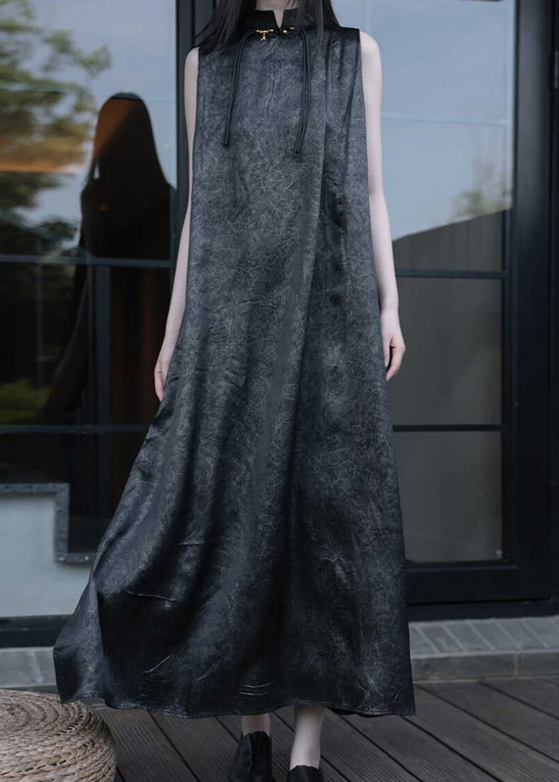 Chinese Style Black Stand Collar Solid Maxi Dress Sleeveless - Image 2