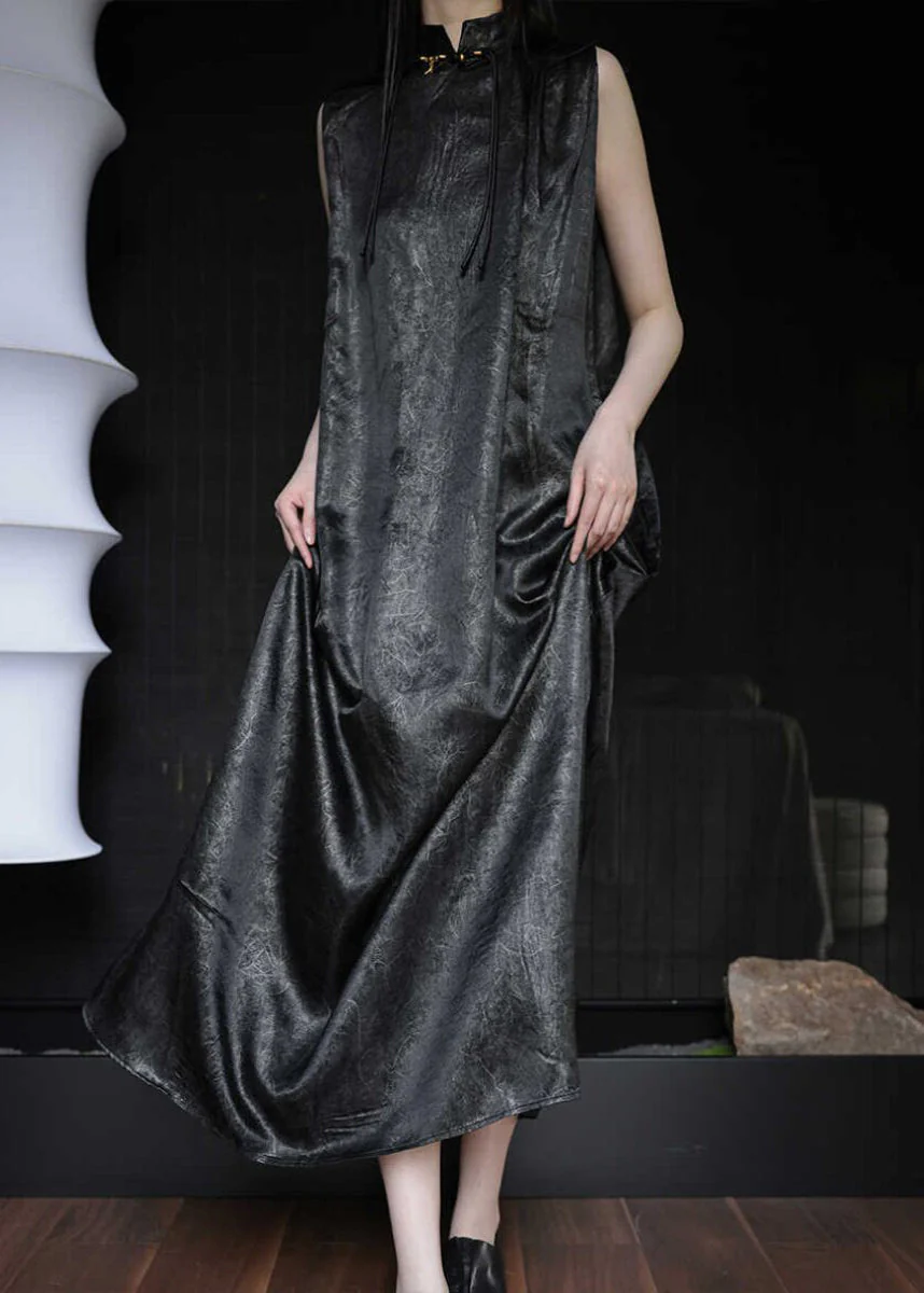 Chinese Style Black Stand Collar Solid Maxi Dress Sleeveless - Image 3