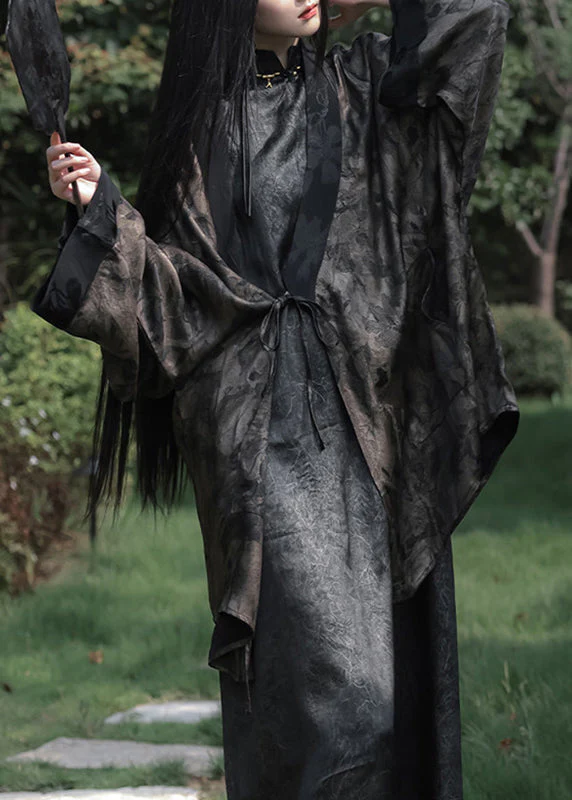 Chinese Style Black Stand Collar Solid Maxi Dress Sleeveless - Image 4