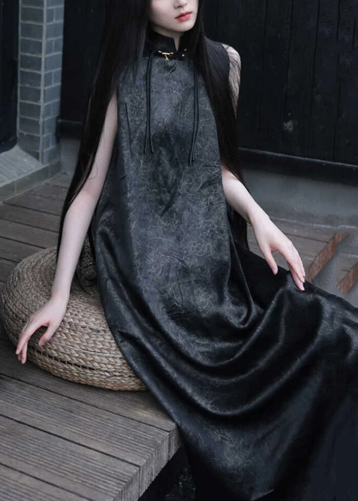 Chinese Style Black Stand Collar Solid Maxi Dress Sleeveless - Image 5