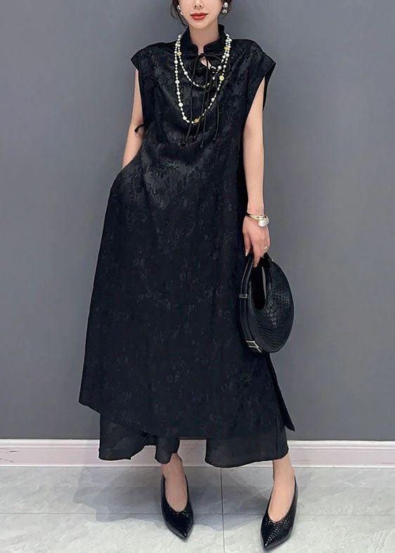 Chinese Style Black Tasseled Jacquard Patchwork Silk Dress Summer - Image 2