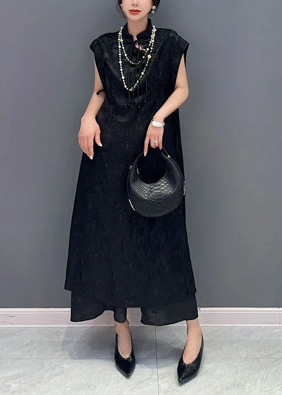 Chinese Style Black Tasseled Jacquard Patchwork Silk Dress Summer - Image 3