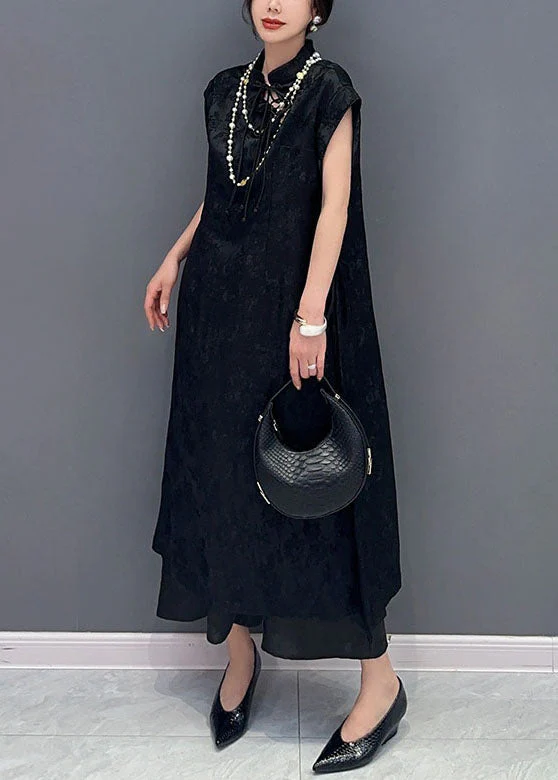 Chinese Style Black Tasseled Jacquard Patchwork Silk Dress Summer - Image 4