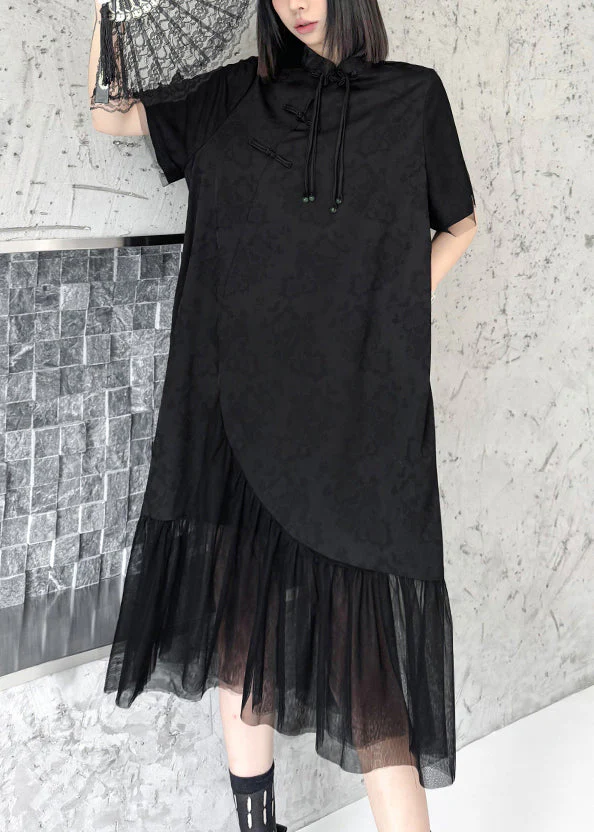 Chinese Style Black Tasseled Print Tulle Patchwork Silk Dresses Summer - Image 2