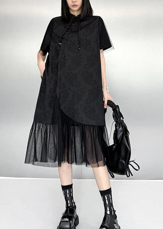 Chinese Style Black Tasseled Print Tulle Patchwork Silk Dresses Summer - Image 3