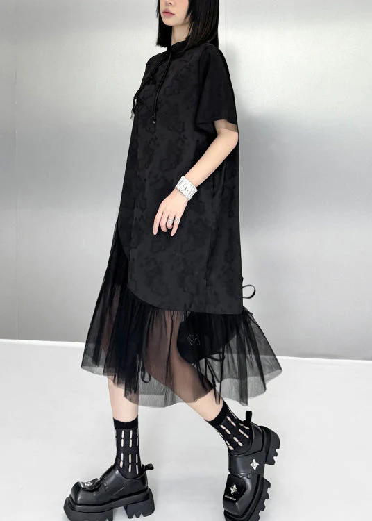 Chinese Style Black Tasseled Print Tulle Patchwork Silk Dresses Summer - Image 4