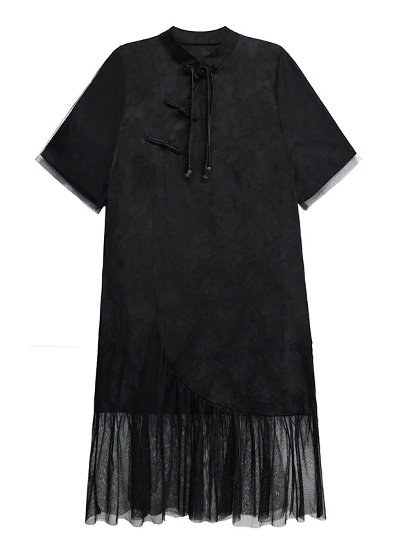 Chinese Style Black Tasseled Print Tulle Patchwork Silk Dresses Summer - Image 5