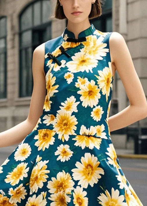 Chinese Style Blackish Green Chrysanthemum Print Silm Fit Dress Summer - Image 2