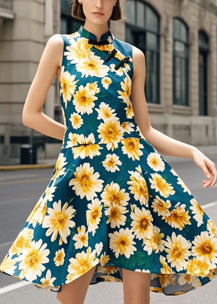 Chinese Style Blackish Green Chrysanthemum Print Silm Fit Dress Summer - Image 3