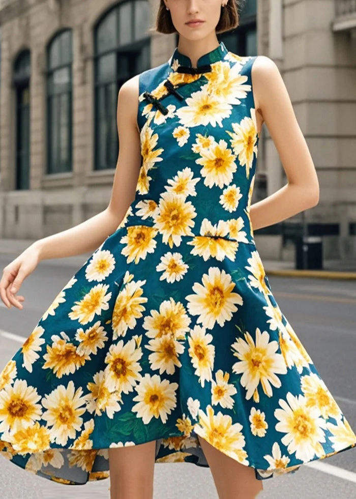 Chinese Style Blackish Green Chrysanthemum Print Silm Fit Dress Summer - Image 5