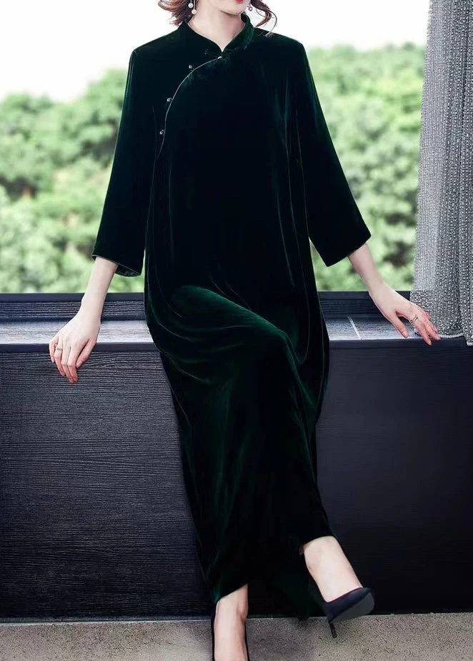 Chinese Style Blackish Green Stand Collar Patchwork Silk Velour Dress Fall - Image 2
