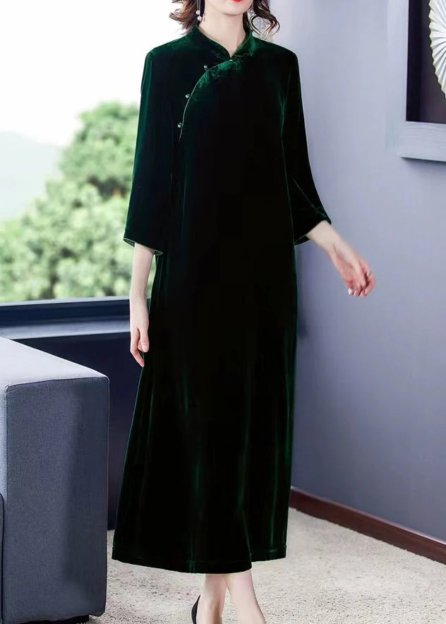 Chinese Style Blackish Green Stand Collar Patchwork Silk Velour Dress Fall - Image 3