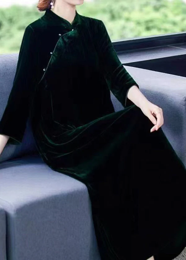 Chinese Style Blackish Green Stand Collar Patchwork Silk Velour Dress Fall - Image 4