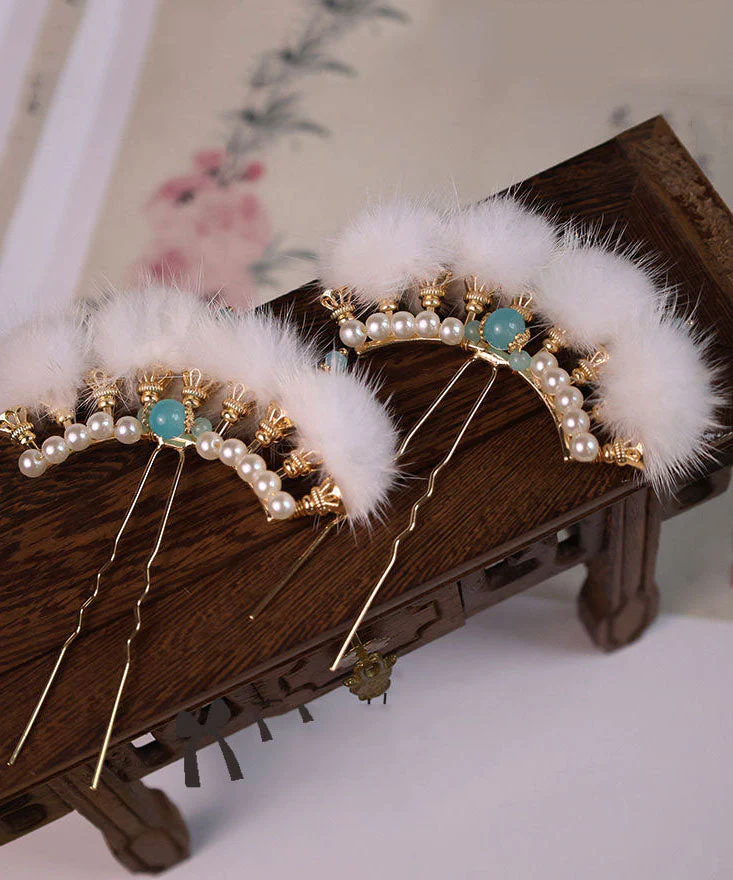Chinese Style Blue Alloy Pearl Colored Glaze Mink Hair Hairpin Three-piece set - Image 3