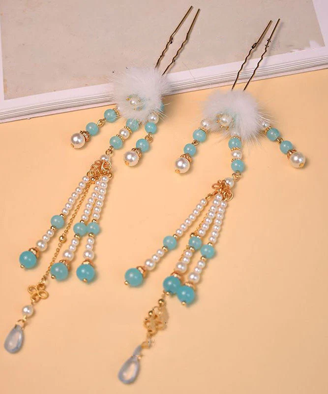 Chinese Style Blue Alloy Pearl Colored Glaze Mink Hair Hairpin Three-piece set - Image 4