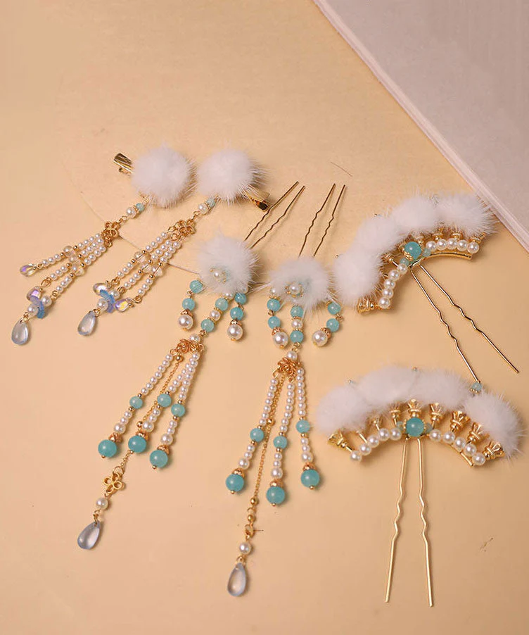 Chinese Style Blue Alloy Pearl Colored Glaze Mink Hair Hairpin Three-piece set - Image 5