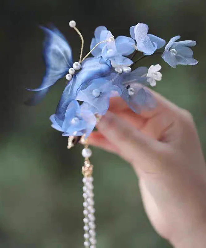 Chinese Style Blue Alloy Silk Floral Pealr Tassel Hairpin - Image 5
