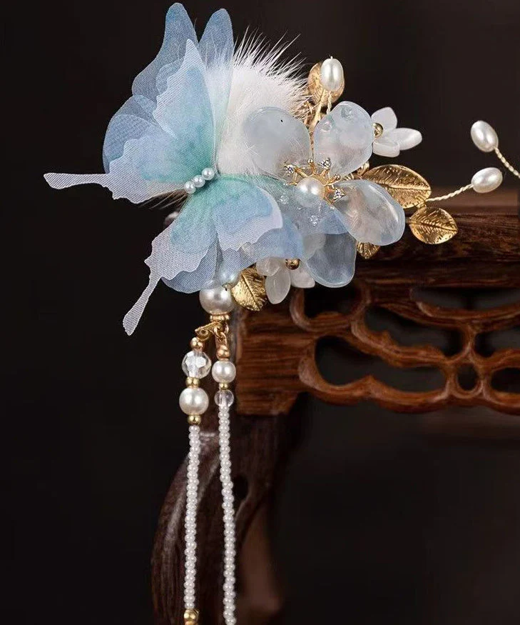Chinese Style Blue Alloy Zircon Resin Butterfly Beading Tassel A Pair Hairpin - Image 2