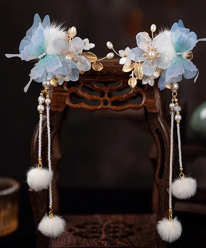Chinese Style Blue Alloy Zircon Resin Butterfly Beading Tassel A Pair Hairpin - Image 3