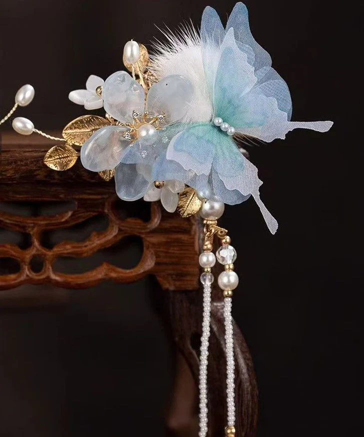 Chinese Style Blue Alloy Zircon Resin Butterfly Beading Tassel A Pair Hairpin - Image 4