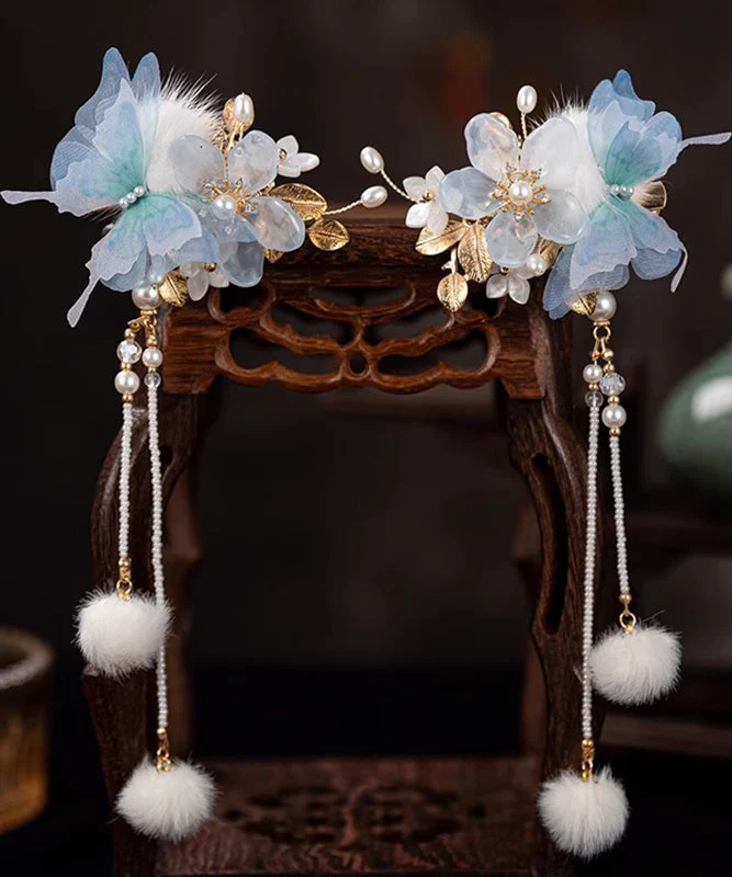 Chinese Style Blue Alloy Zircon Resin Butterfly Beading Tassel A Pair Hairpin - Image 5