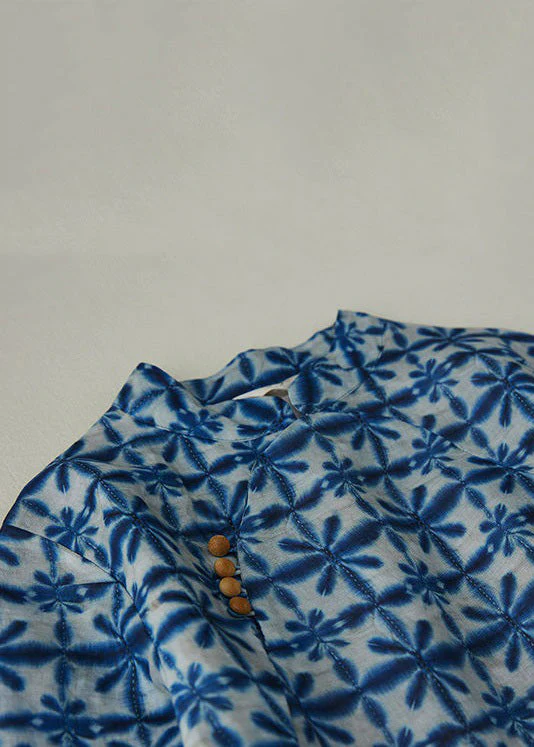 Chinese Style Blue Button Print Pockets Linen Dresses Half Sleeve - Image 3
