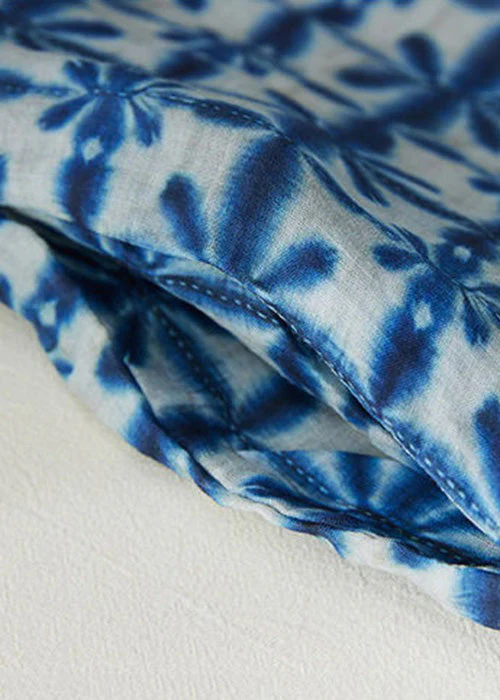 Chinese Style Blue Button Print Pockets Linen Dresses Half Sleeve - Image 4
