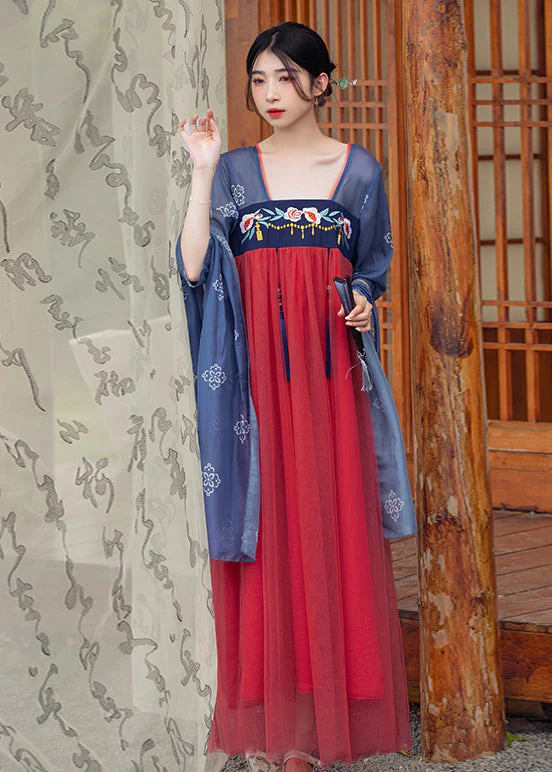 Chinese Style Blue Embroideried Tasseled Patchwork Tulle Long Dresses Summer - Image 3